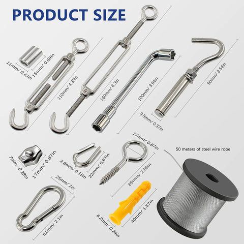 Heavy Duty One Eighth Inch Wire Rope Kit 165FT Stainless Steel Cable components and dimensions