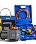 Heavy Duty Auto AC Vacuum Pump Kit With Four CFM One Third HP Motor Plus Four Way Manifold Gauge Leak Detector and R134a R22 R410a Refrigerant Lines. Includes vacuum pump, gauges, hoses, and oil.