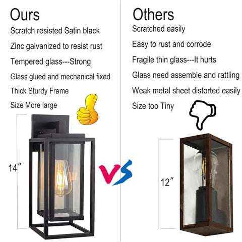 Comparison of 14 Inch Double Cage Outdoor Wall Lights 2 Pack with rust proof metal and clear glass against inferior model.