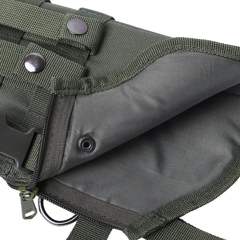 Close-up of 34 Inch Tactical Shotgun Scabbard And Rifle Holster For Shoulder Carry With Ambidextrous PALS Straps D Ring Mount Points And Green 600D Exterior Heavy Duty Modular Mounting Ready For Quick Access In The Field showing green 600D fabric and PALS straps.