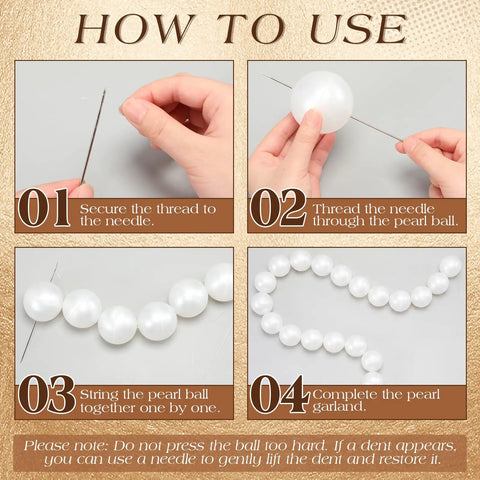 100 Quick Link Pearl Balls Garland Set 2.2 Inch Pearlescent White Beads, 16.4ft Pearl Bead Garland With Elastic Thread And Needle For Easy DIY Backdrops, Wall Arches, Weddings And Party Decor; threading steps