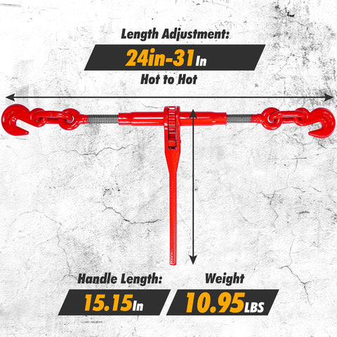 Beefed Up Heavy Duty Chain Binder Kit with Three Eighths Inch by Ten Foot Chains, ratchet binder 24-31 in adjustment, red color