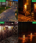 Outdoor Solar Lanterns 4 Pack Hanging Garden Lights Waterproof Metal Yard Pathway Landscape Decor Lamps with 2 Lighting Modes on pathways, porch, fence, and deck at night.