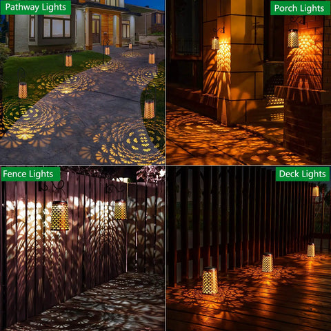 Outdoor Solar Lanterns 4 Pack Hanging Garden Lights Waterproof Metal Yard Pathway Landscape Decor Lamps with 2 Lighting Modes on pathways, porch, fence, and deck at night.