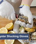 Person using Versatile Pro Grade ANSI Level 8 Cut Resistant Gloves With Stainless Steel Thread Reinforced Fibers for oyster shucking.