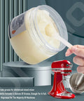 Hand scooping 4 oz food-grade grease for stand mixers with open jar, red mixer, and included gasket.