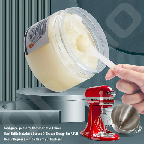 Hand scooping 4 oz food-grade grease for stand mixers with open jar, red mixer, and included gasket.