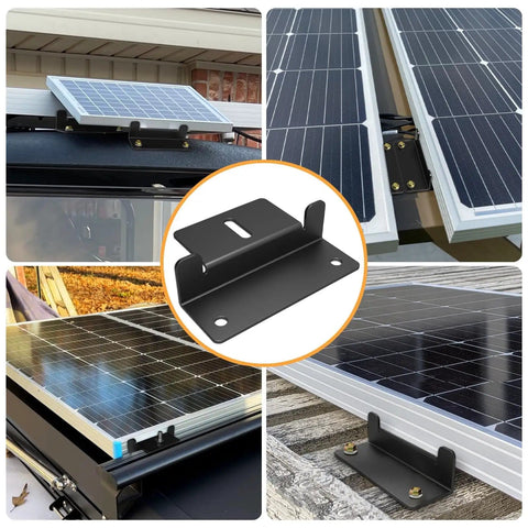 16 Piece Solar Panel Mounting Z Brackets Lightweight Aluminum Mounts For RVs Trailers Boats Vans And Campers The Go-To Roof Or Wall Solar Install For Mobile Power On The Go. Images show black aluminum Z brackets securely mounting solar panels on vehicle roofs.