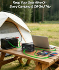 Heavy Duty 1000W Power Inverter 12V To 110V AC With 2000W Peak Surge powering devices on a camping table with battery.