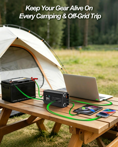 Heavy Duty 1000W Power Inverter 12V To 110V AC With 2000W Peak Surge powering devices on a camping table with battery.