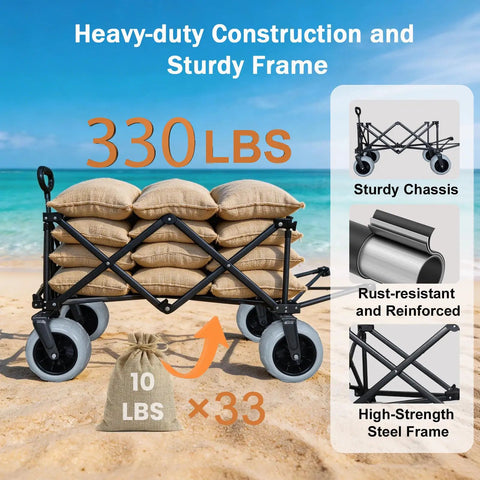 All Terrain Beach Wagon No Assembly Needed With 9x4 PU Wheels 200L Capacity 330lb Heavy Duty Collapsible Utility Cart on sand