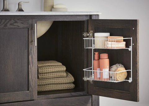 Slick Two Tier Wall Rack For Cabinet Doors And Walls, Heavy Duty Epoxy Coated Steel Storage Shelf In Crisp White, No Sweat Install Hardware Included, Total Game Changer For Tight Kitchen And Closet Spaces