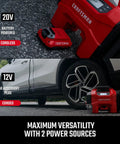 Plug And Play Three In One Portable Air Compressor Tire Inflator And Car Vacuum With Knockout 160 Psi pressure and quick blast 20k rpm blower setup with 20V battery and 12V car power plug.