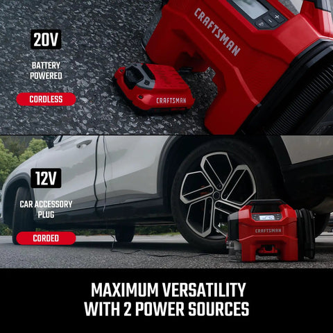 Plug And Play Three In One Portable Air Compressor Tire Inflator And Car Vacuum With Knockout 160 Psi pressure and quick blast 20k rpm blower setup with 20V battery and 12V car power plug.