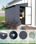 4x6 Ft Metal Outdoor Lean To Storage Shed With Lockable Door shown in backyard setting with open door and visible interior storage.