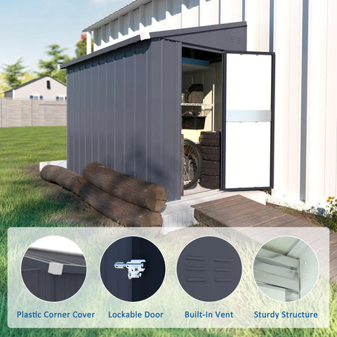 4x6 Ft Metal Outdoor Lean To Storage Shed With Lockable Door shown in backyard setting with open door and visible interior storage.