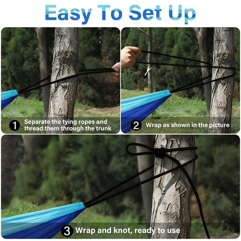 Instructions for setting up Blue Outdoor Camping Hammock Portable With Tree Straps And Rope, 56 By 103 Inches, Fits 1 To 2 People