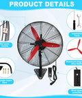 Heavy Duty 22 Inch Wall Mount Oscillating Fan With Rock Solid Three Speed Controls And Badass 7500 CFM Cooling Power Featuring Glossy Red Aluminum Blades, showcasing features like a triangle stable base and installation tools.