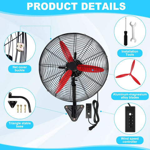 Heavy Duty 22 Inch Wall Mount Oscillating Fan With Rock Solid Three Speed Controls And Badass 7500 CFM Cooling Power Featuring Glossy Red Aluminum Blades, showcasing features like a triangle stable base and installation tools.
