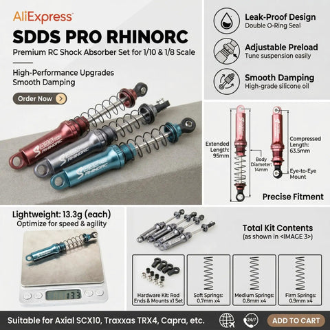 Pro P4 95mm Adjustable Shock Absorbers Set For One Tenth Scale RC Crawlers Four Pieces Upgrade For Axial SCX10 TRX 4 And Similar Rigs Holds 2 To 4 KG MOA Shafty Loads Built Tough As Nails With Aluminum And Carbon Fiber in various colors on display