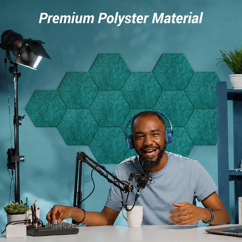 12 Pack Turquoise Hexagon Acoustic Panels High Density Foam Wall Tiles For Sound Dampening And Echo Reduction In Home Studio podcast setup with microphone.