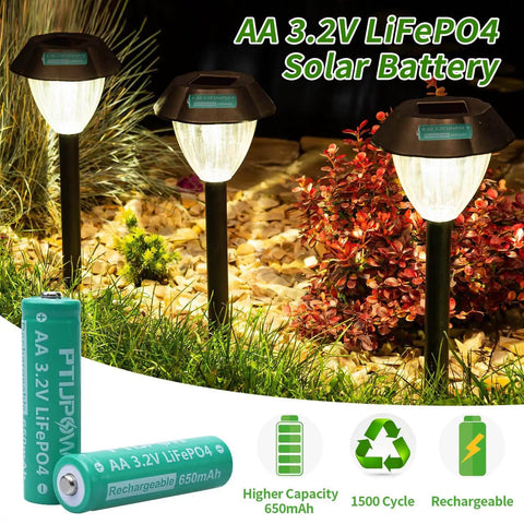 AA 3.2V LiFePO4 650mAh Solar Battery Pack For Backyard Solar Lights with illuminated outdoor lamps and packaging.