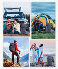 People using 35 Can Leakproof Insulated Cooler Backpack for beach, camping, kayaking, hiking; blue soft ice chest bag.