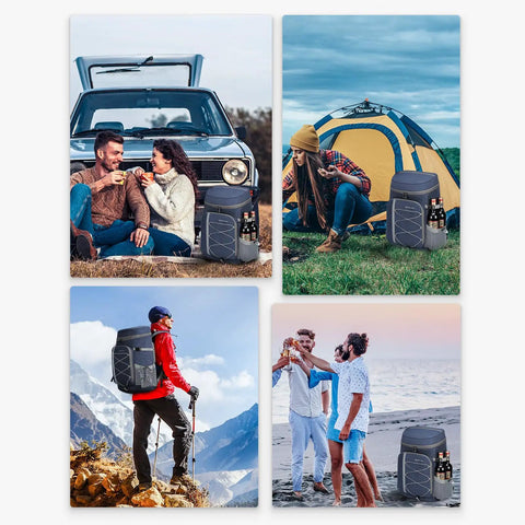 People using 35 Can Leakproof Insulated Cooler Backpack for beach, camping, kayaking, hiking; blue soft ice chest bag.