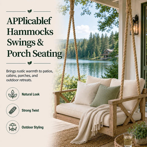 Beefy Heavy Duty 1 Inch Manila Jute Rope used in cozy porch swing with lake view and natural decor setting
