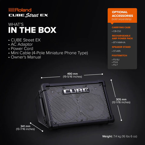 Battery Powered 50W Stereo Amplifier For Outdoor Gigs With Microphone And Instrument Support shown with accessories list.