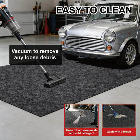 Heavy Duty Garage Floor Mat For Under Car 17 Foot By 7.45 Foot Waterproof Absorbent Oil Spill Protector being vacuumed in garage
