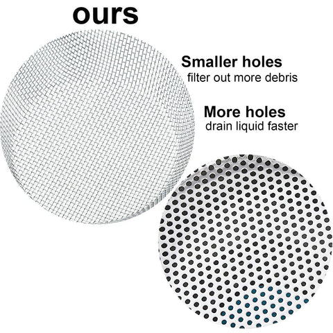 Comparison of mesh and perforated designs of Four Pack Stainless Steel Kitchen Sink Strainers, 4.5 Inch Wide Rim, Rustproof Drain Strainers