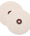 Get Serious With These Rock Solid 2-Piece Cotton Polishing Wheels For Your Bench Grinder, Boasting A Smooth 144 Mm Diameter And Perfect 12 Mm Fit For Flawless Mirror Finish Metal Or Stone Buffing That Totally Slaps Without Any Hassle. Beige cotton polishing wheels close-up view.