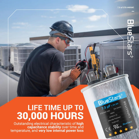 Technician with 7.5 uF Oval Run Capacitor 370/440 VAC in air conditioning setup, showcasing product details.
