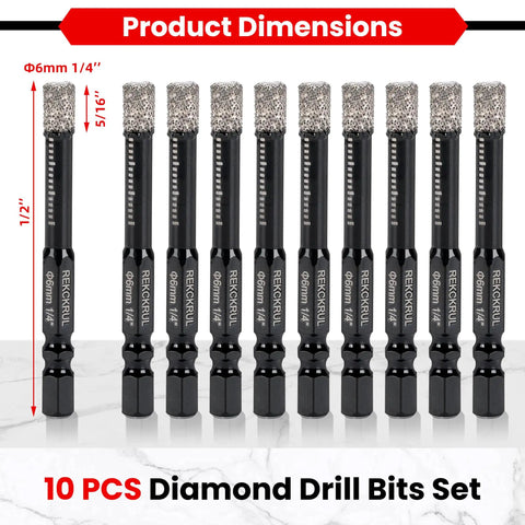 Ten Pack One Quarter Inch Diamond Drill Bits Set With Diamond Hole Saw For Ceramic Tile Glass Granite Marble Brick And Stone Core Drill Bits With Vacuum Brazed Technology For Dry And Wet Drilling 6 Mm Pro Grade Tough Build displayed in a row.