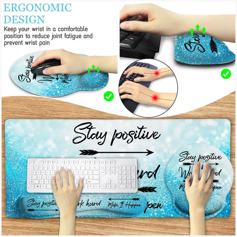 Stay Positive XXL Desk Mat Pad Set With Cushioned Wrist Rest For Mouse And Keyboard Large Gaming Mouse Pad With Wrist Support Extended Desk Pad For Your Home Office Setup Coaster Included Non Slip Ergonomic Workspace Vibes showing ergonomic design with wrist rest and hand placement.