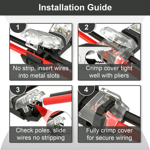 Installation guide for 80 Pack T1 And T2 T Tap Wire Connectors 16 To 20 Gauge Solderless with step-by-step images.