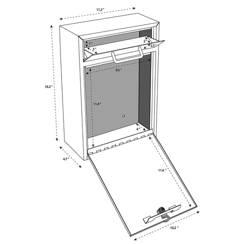 Diagram of Heavy Duty Steel Locking Mounted Mailbox For Office Drops And Interoffice Mail with dimensions in inches