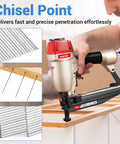 16 Gauge Finish Nails 1-3/4 Inch Galvanized Straight Finish Nails For Finish Nailer In Woodworking Upholstery And Framing Projects 2,500 Count Box Heavy Duty Crush Proof Packaging displayed with nailer