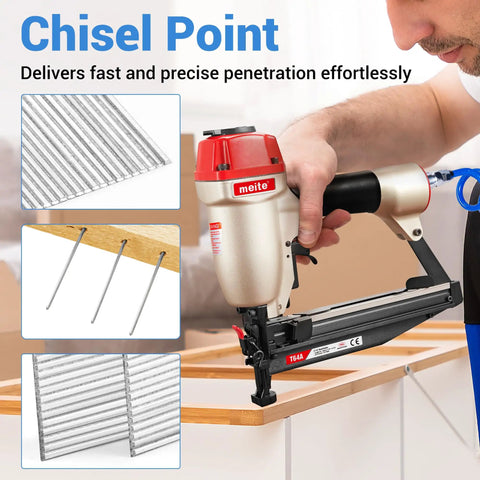 No Sweat Installation 16 Gauge 2.5 Inch Galvanized Finish Nails 500 Pack Straight T Head fasteners in use during woodworking.