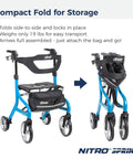Heavy Duty Tall Rollator Walker With Comfy Seat Straight Up Built Tough Aluminum Frame Supports 350 Pounds No Sweat One Hand Fold Slick Blue showing compact fold for storage and transport.