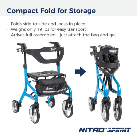 Heavy Duty Tall Rollator Walker With Comfy Seat Straight Up Built Tough Aluminum Frame Supports 350 Pounds No Sweat One Hand Fold Slick Blue showing compact fold for storage and transport.