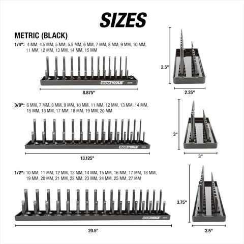 Six Tray Socket Organizer For SAE And Metric Sockets Fits One Quarter, Three Eighths, And One Half Inch Drives with size dimensions shown