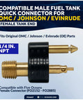 Brass 1/4 Inch NPT Male Fuel Tank Connector For OMC Johnson Evinrude shown with two prong design and black grip