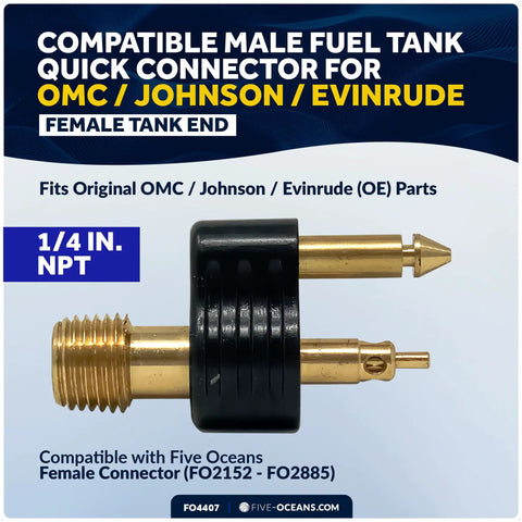 Brass 1/4 Inch NPT Male Fuel Tank Connector For OMC Johnson Evinrude shown with two prong design and black grip