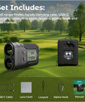 Golf Range Finder With Slope Switch On Off 1200 Yards Laser Range Finder Flag Lock Vibration 6x Magnification shown with accessories