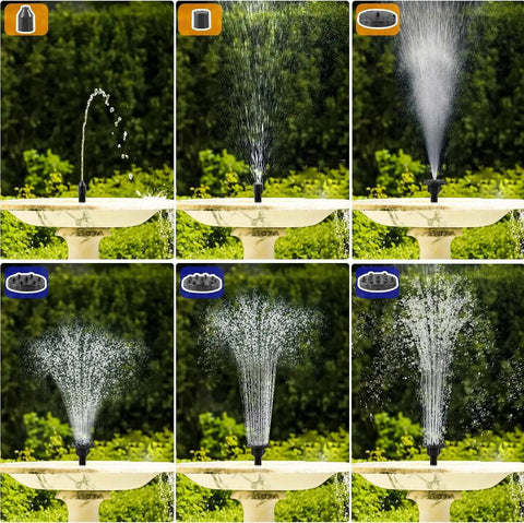 Solar Fountain Pump For Bird Bath And Garden Pond Outdoor Use, Upgraded 2.5W Solar Power, 6 Adjustable Nozzles display different spray patterns