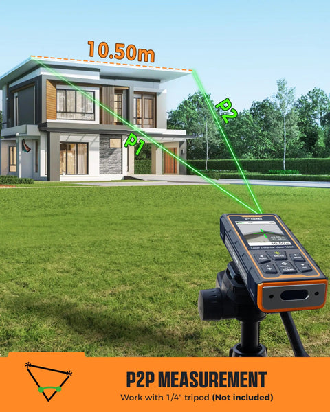 Green Beam Laser Measuring Tool With 393 Feet Outdoor Range, A Real Handy Tool For Quick Readings, Accurate To One Sixteenth Inch, Bright 4x Green Laser, Durable Handheld Tape Measure For Roofs, Decks, Landscaping And Renovations, on tripod