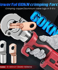 Pro Grade Built Tough Cordless Hydraulic Cable Lug Crimper Six Ton Electric Terminal Pliers with cable lugs and dies in use.