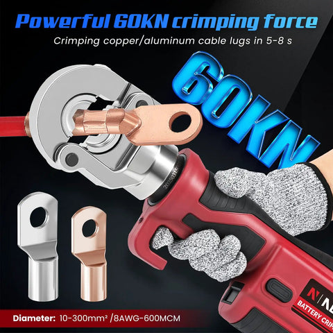 Pro Grade Built Tough Cordless Hydraulic Cable Lug Crimper Six Ton Electric Terminal Pliers with cable lugs and dies in use.